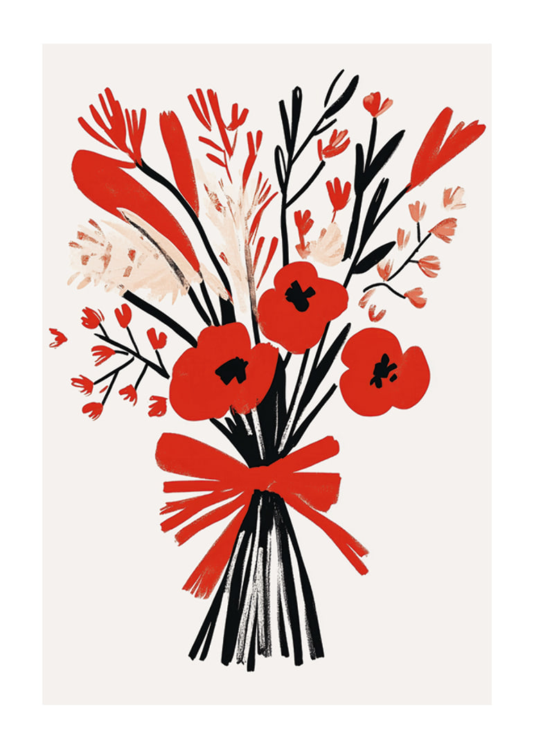 Livfullt blomsterarrangemang med starka röda och svarta toner-12