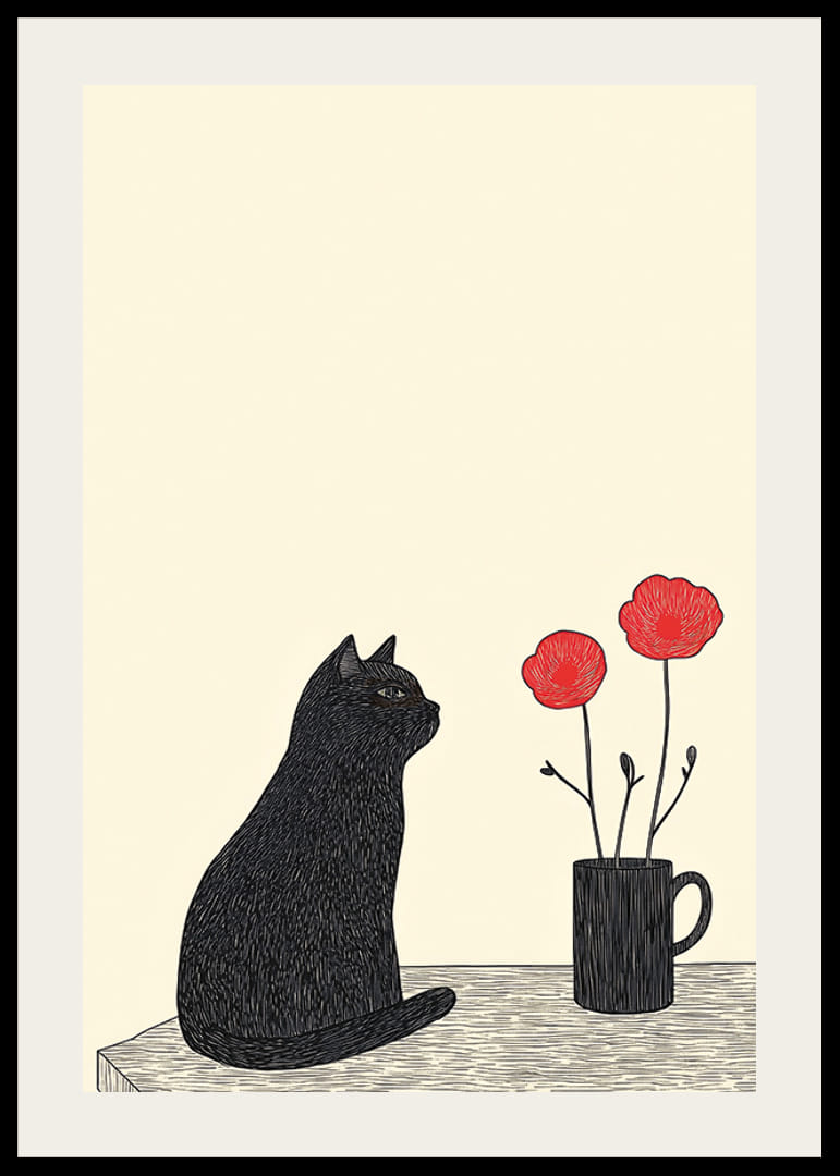 En katt betraktar blommor med mystik och enkelhet-12