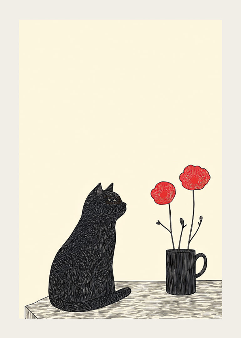 En katt betraktar blommor med mystik och enkelhet-12