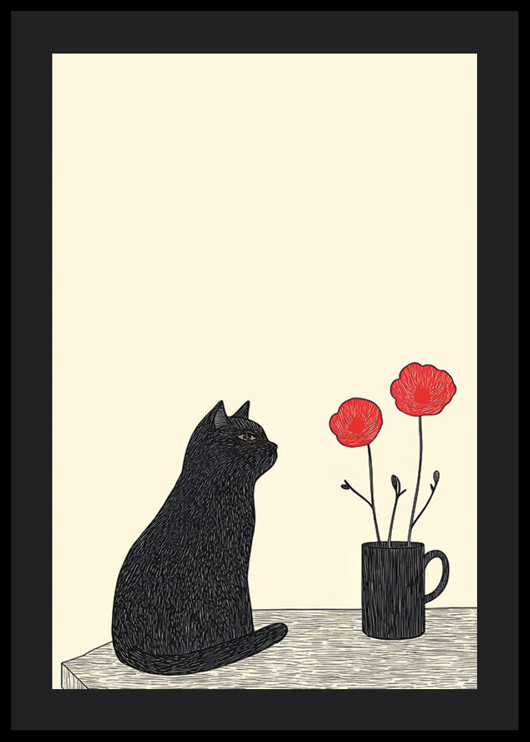 En katt betraktar blommor med mystik och enkelhet-12