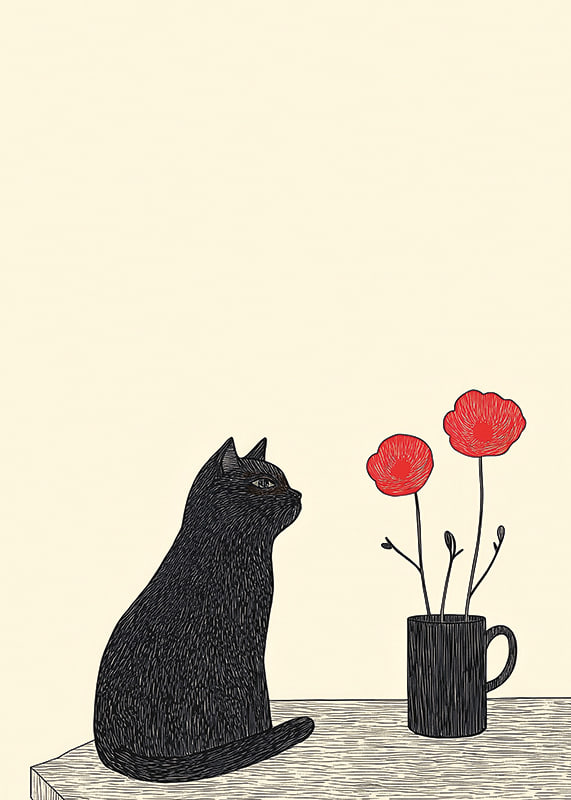 Eine Katze betrachtet Blumen mit Geheimnis und Einfachheit-12