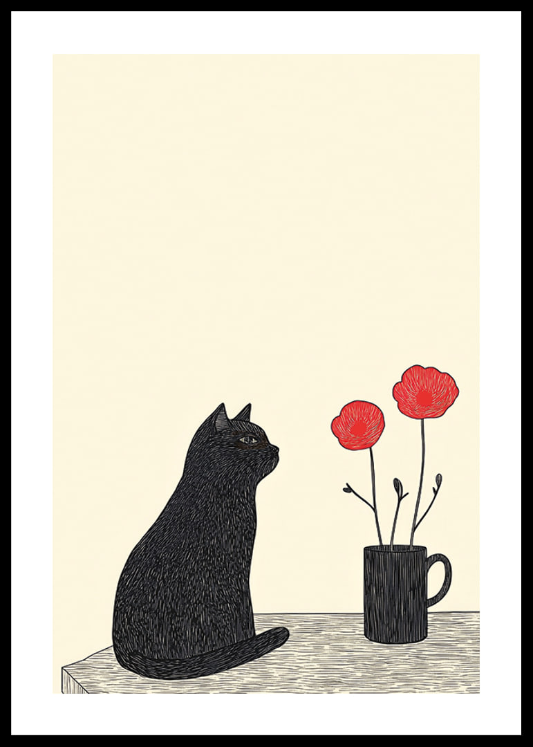 Eine Katze betrachtet Blumen mit Geheimnis und Einfachheit-12