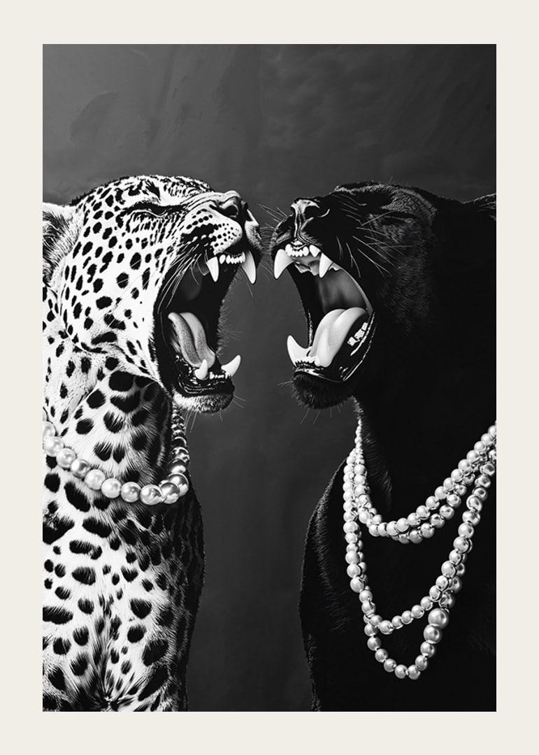 Two predators in pearls, strong and elegant against a dark background-12
