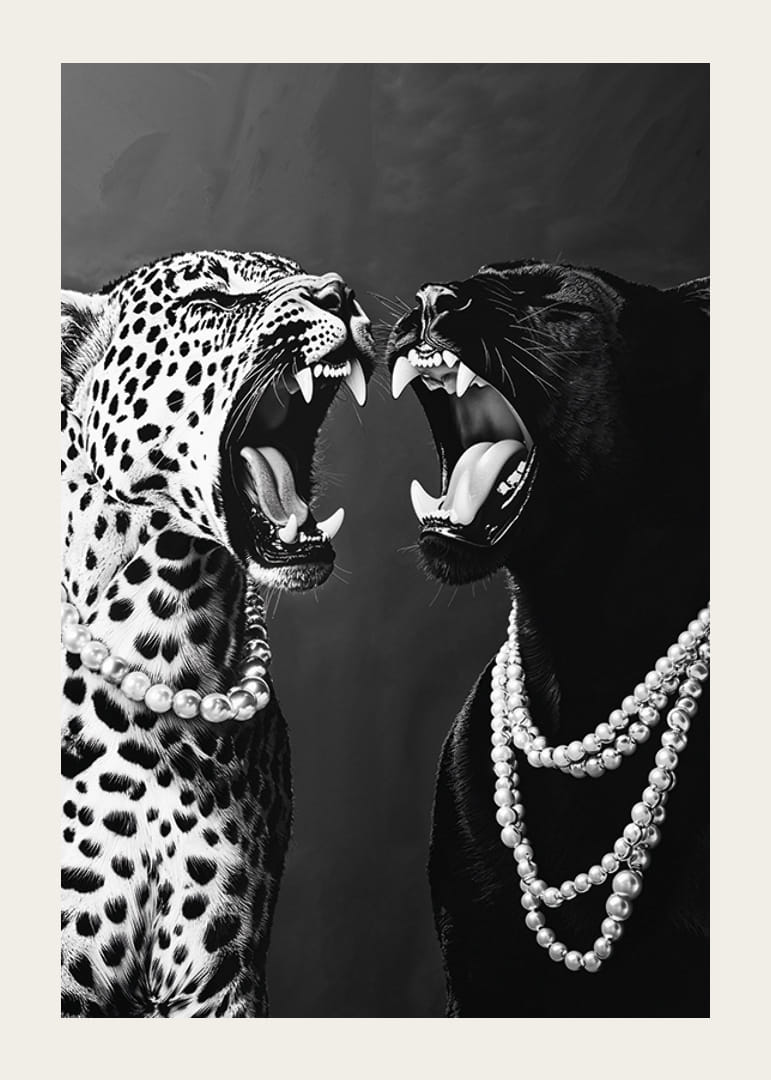 Två rovdjur i pärlor, starka och eleganta mot mörk bakgrund-12