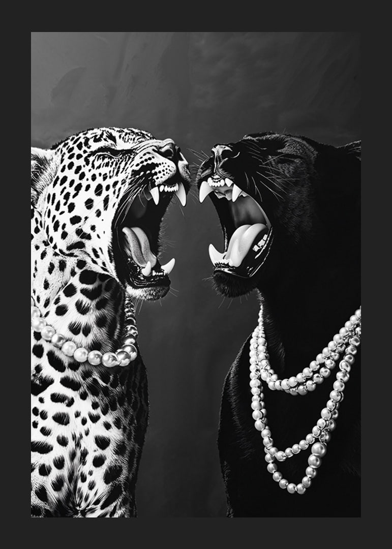 Two predators in pearls, strong and elegant against a dark background-12