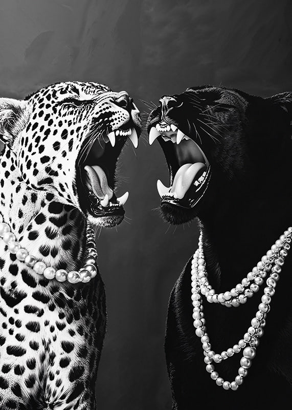 Two predators in pearls, strong and elegant against a dark background-12