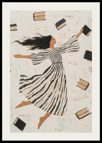 A woman in a striped dress surrounded by flying books-2
