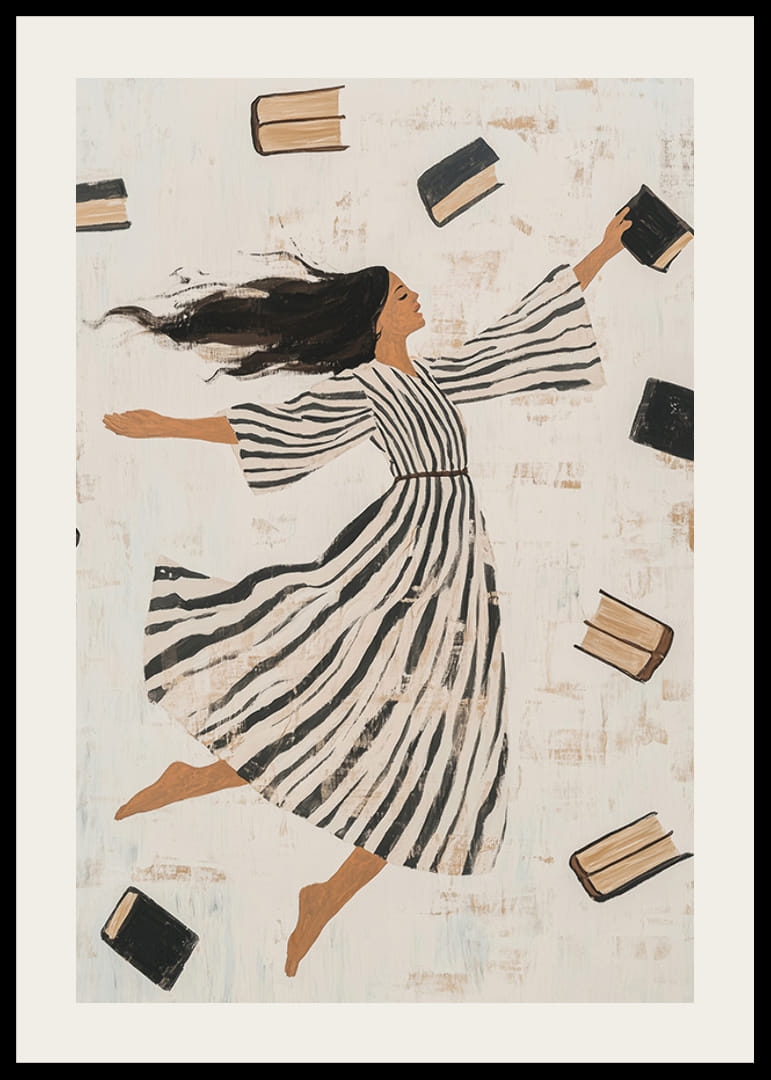 A woman in a striped dress surrounded by flying books-12