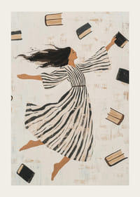A woman in a striped dress surrounded by flying books-3