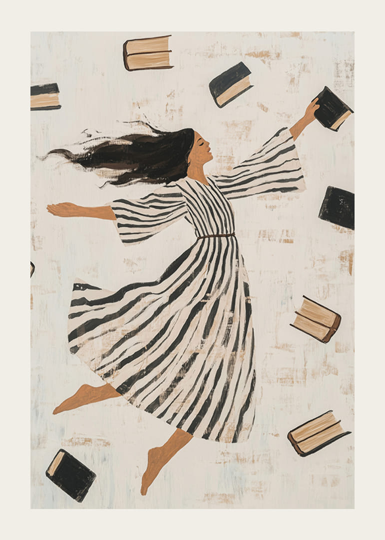 A woman in a striped dress surrounded by flying books-12