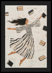 A woman in a striped dress surrounded by flying books-4