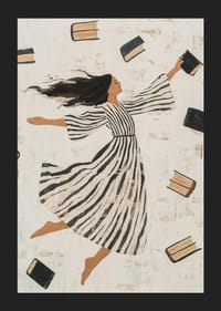 A woman in a striped dress surrounded by flying books-5