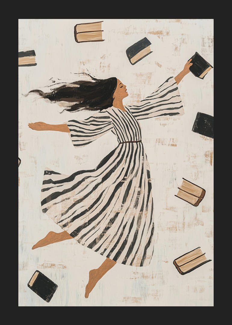 A woman in a striped dress surrounded by flying books-12