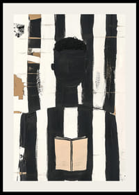 Schwarze und weiße Linien umrahmen eine denkende Figur mit einem Buch-2