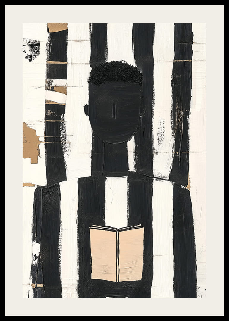 Schwarze und weiße Linien umrahmen eine denkende Figur mit einem Buch-12