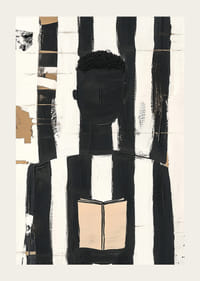 Schwarze und weiße Linien umrahmen eine denkende Figur mit einem Buch-3