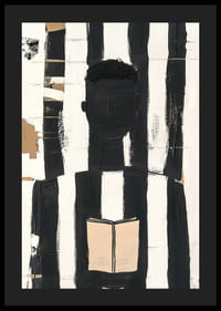 Schwarze und weiße Linien umrahmen eine denkende Figur mit einem Buch-4