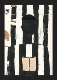 Schwarze und weiße Linien umrahmen eine denkende Figur mit einem Buch-5