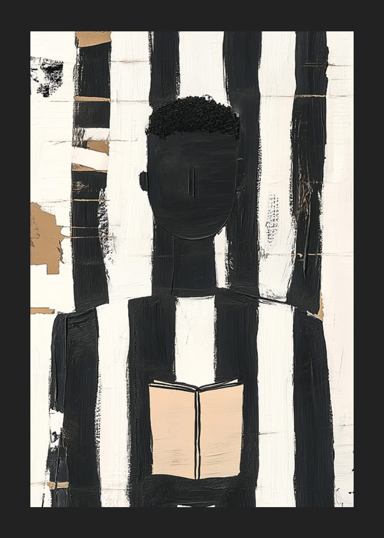 Schwarze und weiße Linien umrahmen eine denkende Figur mit einem Buch-12