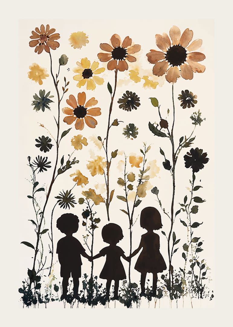 Barnes silhuetter mot høye blomsters livlige skjønnhet-12