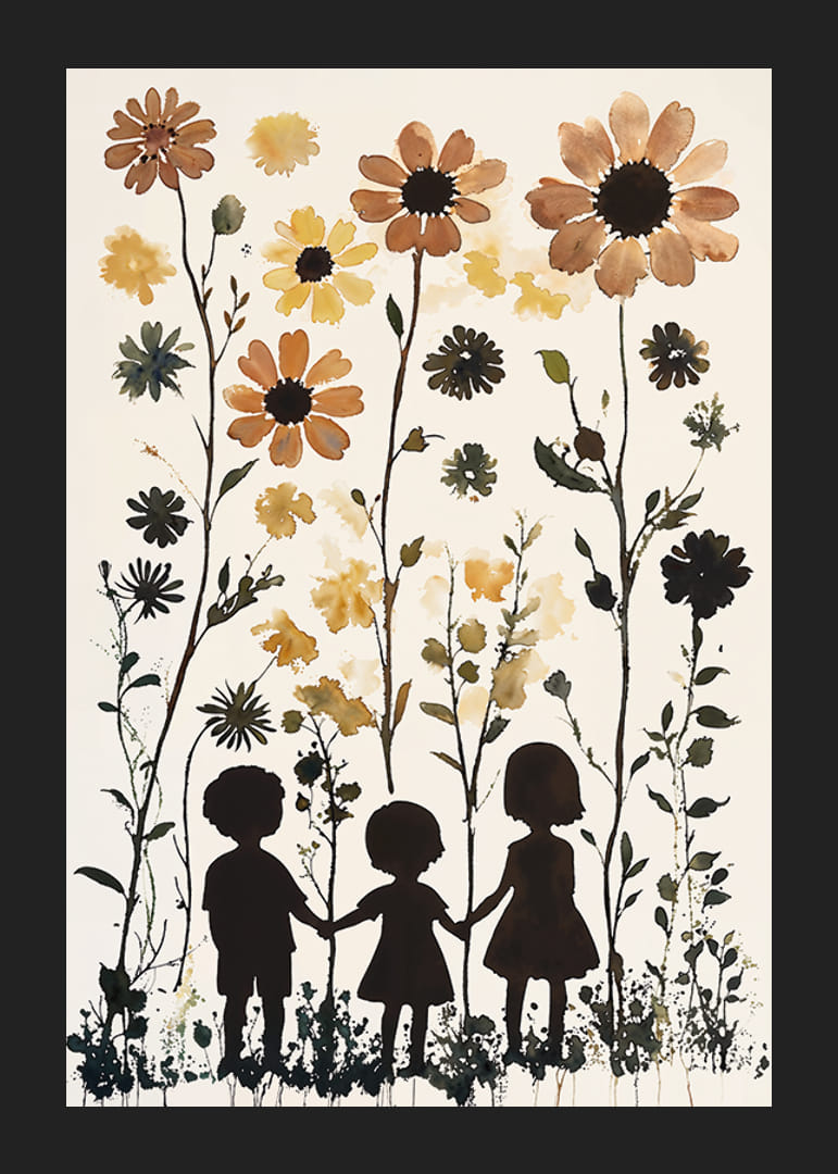 Barnes silhuetter mot høye blomsters livlige skjønnhet-12