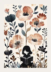 A girl reads, surrounded by flowers in gentle, warm tones-3