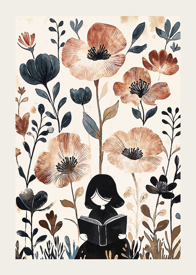 Egy lány olvas, szelíd, meleg tónusú virágokkal körülvéve-12