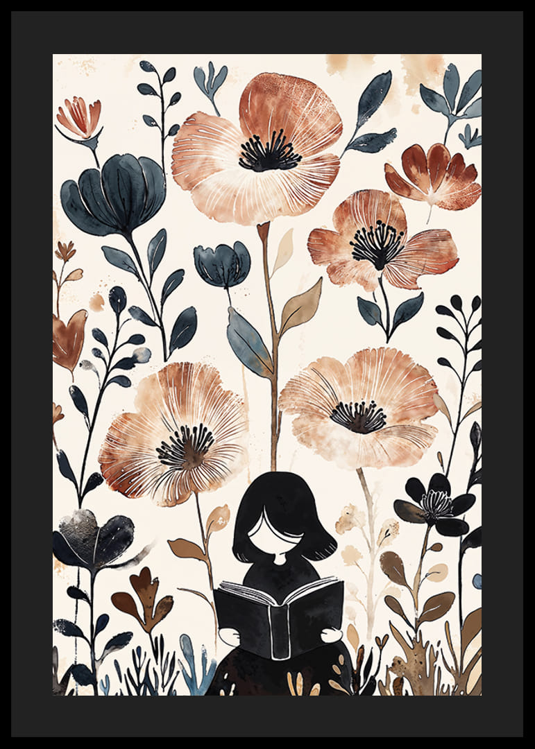 Egy lány olvas, szelíd, meleg tónusú virágokkal körülvéve-12