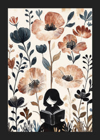 Egy lány olvas, szelíd, meleg tónusú virágokkal körülvéve-5