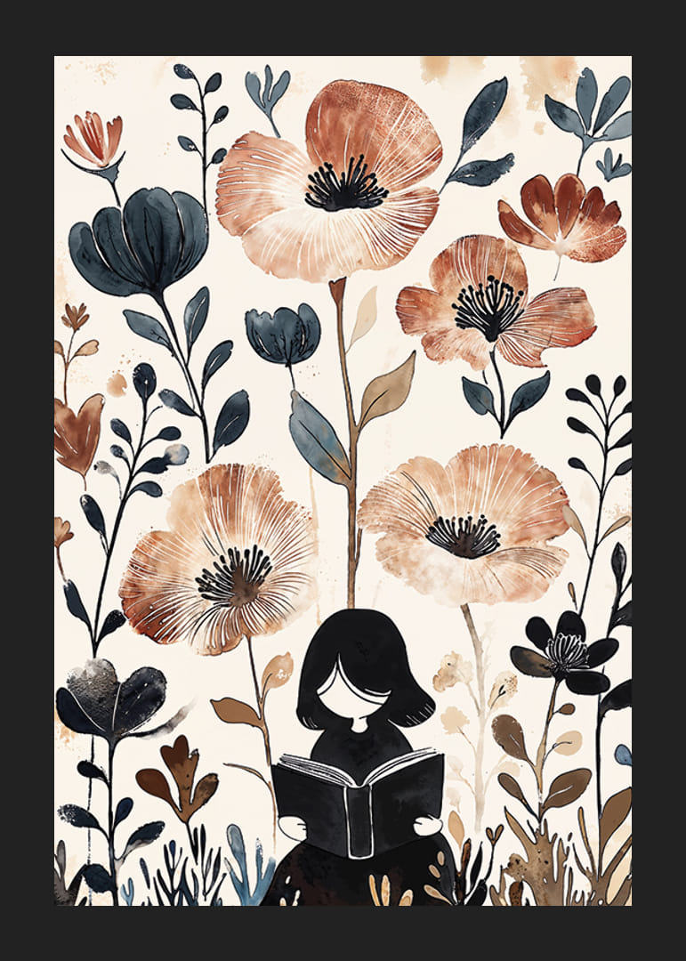 Egy lány olvas, szelíd, meleg tónusú virágokkal körülvéve-12