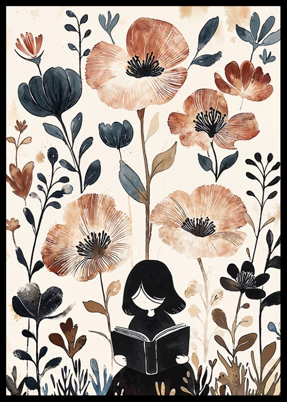 A girl reads, surrounded by flowers in gentle, warm tones-12