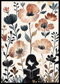 Uma menina lê, rodeada de flores em tons suaves e quentes-2