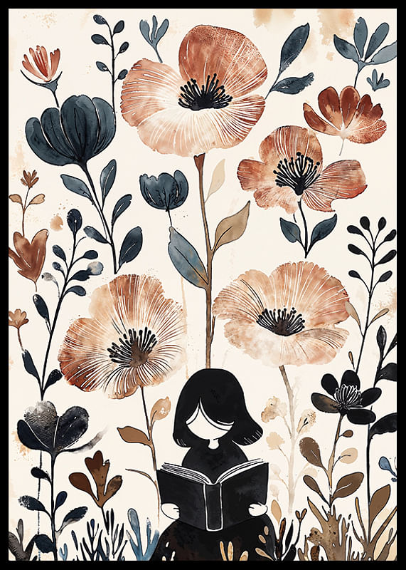 Uma menina lê, rodeada de flores em tons suaves e quentes-12