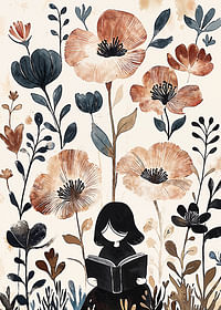 Uma menina lê, rodeada de flores em tons suaves e quentes-3