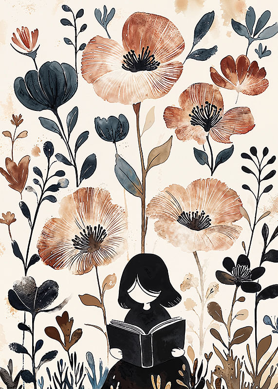 Uma menina lê, rodeada de flores em tons suaves e quentes-12