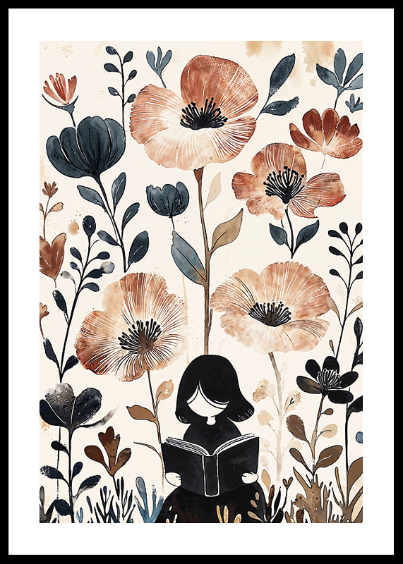 Uma menina lê, rodeada de flores em tons suaves e quentes-12