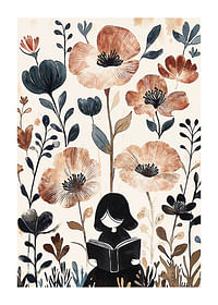 Uma menina lê, rodeada de flores em tons suaves e quentes-1