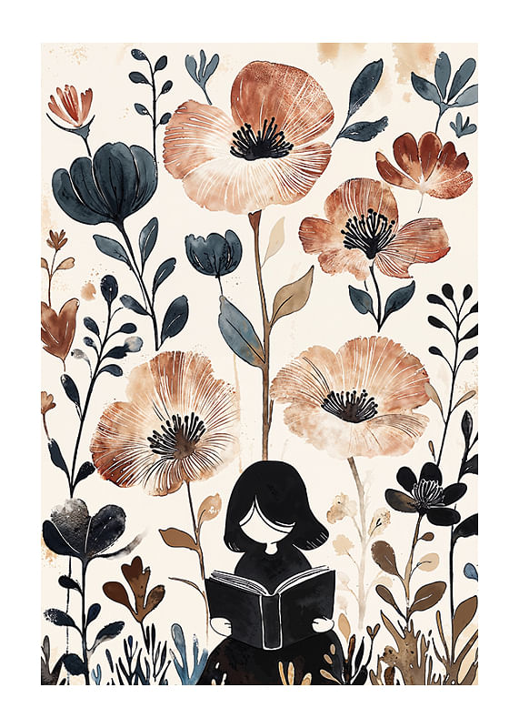 Uma menina lê, rodeada de flores em tons suaves e quentes-12