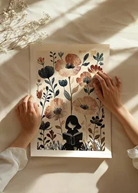 A girl reads, surrounded by flowers in gentle, warm tones-8