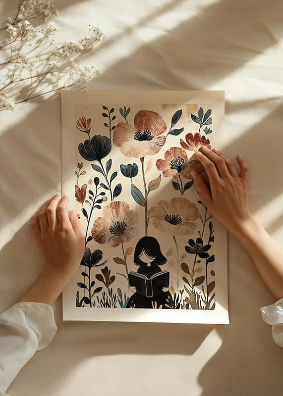 A girl reads, surrounded by flowers in gentle, warm tones-12