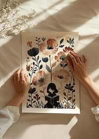 Uma menina lê, rodeada de flores em tons suaves e quentes-4