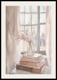 En buket blomster i bløde toner ved et solbelyst vindue-2