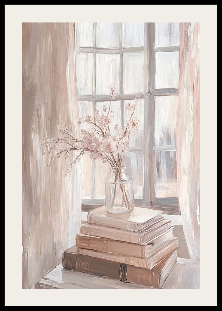 En buket blomster i bløde toner ved et solbelyst vindue-12