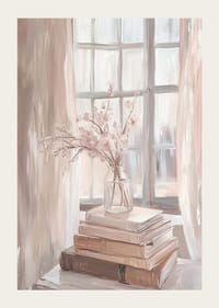 En buket blomster i bløde toner ved et solbelyst vindue-3