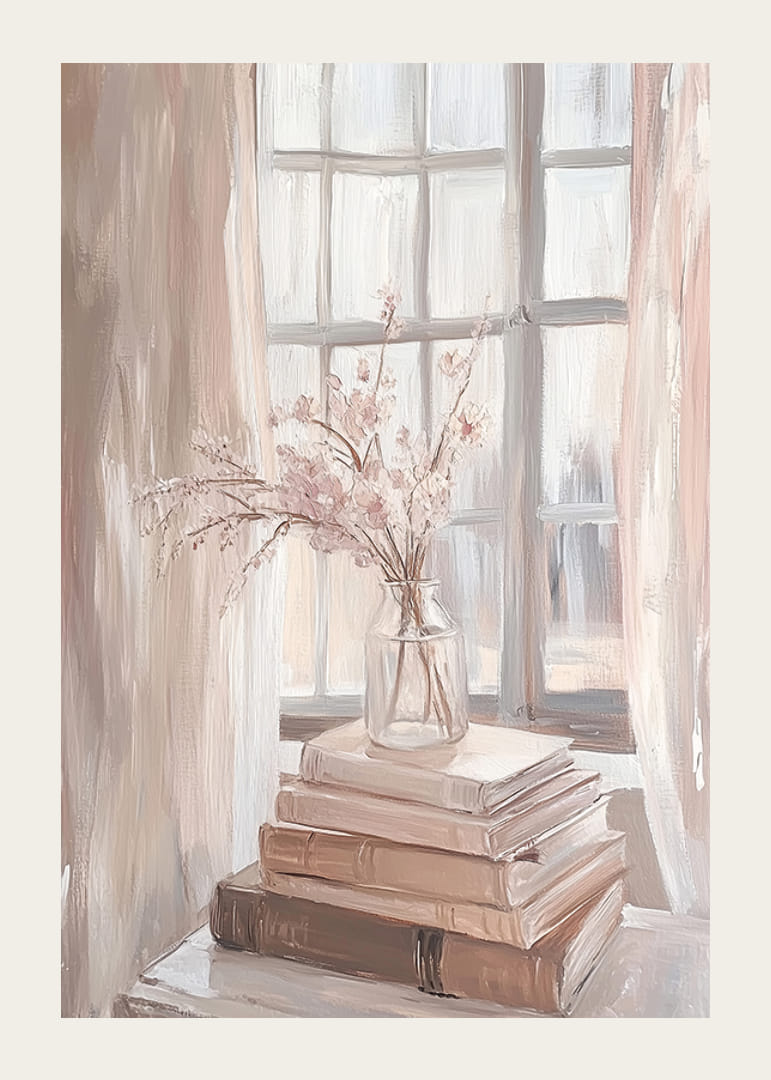 En buket blomster i bløde toner ved et solbelyst vindue-12