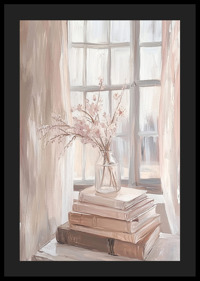 En buket blomster i bløde toner ved et solbelyst vindue-12