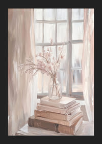 En buket blomster i bløde toner ved et solbelyst vindue-5