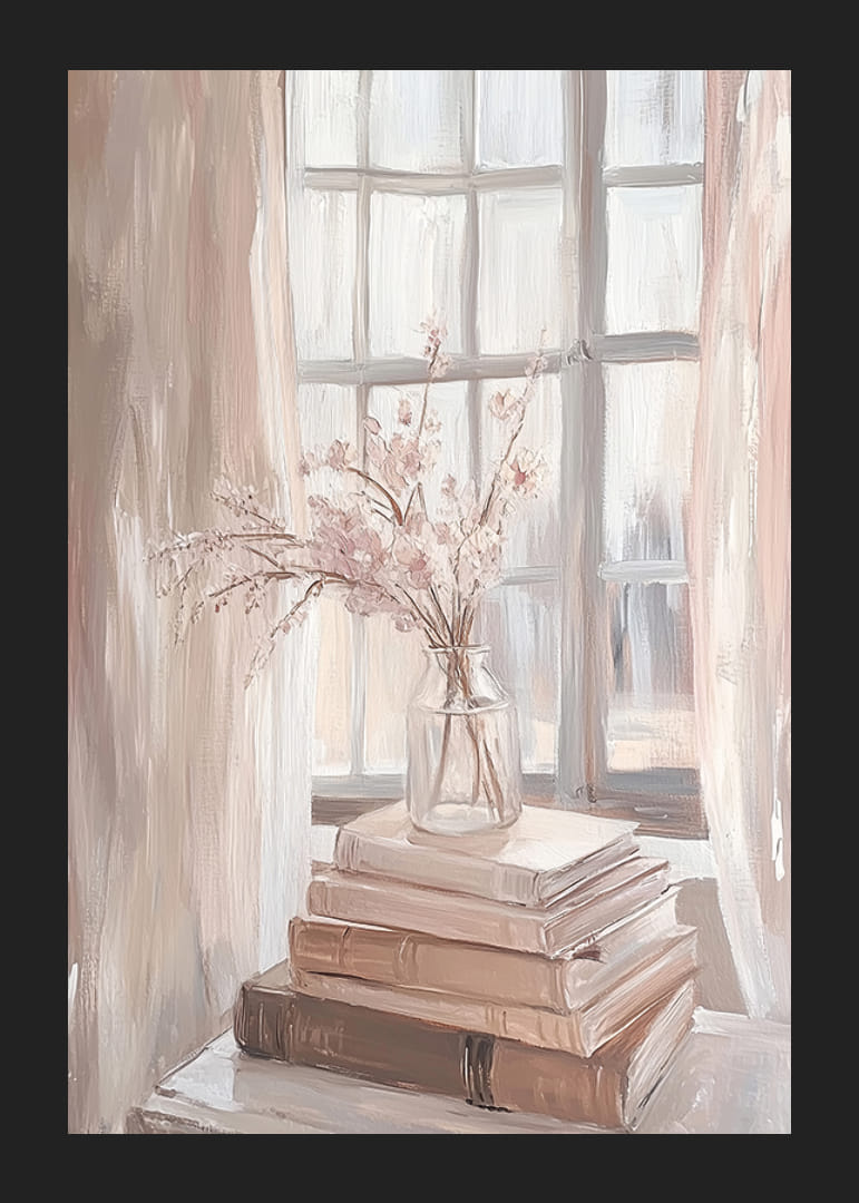 En buket blomster i bløde toner ved et solbelyst vindue-12