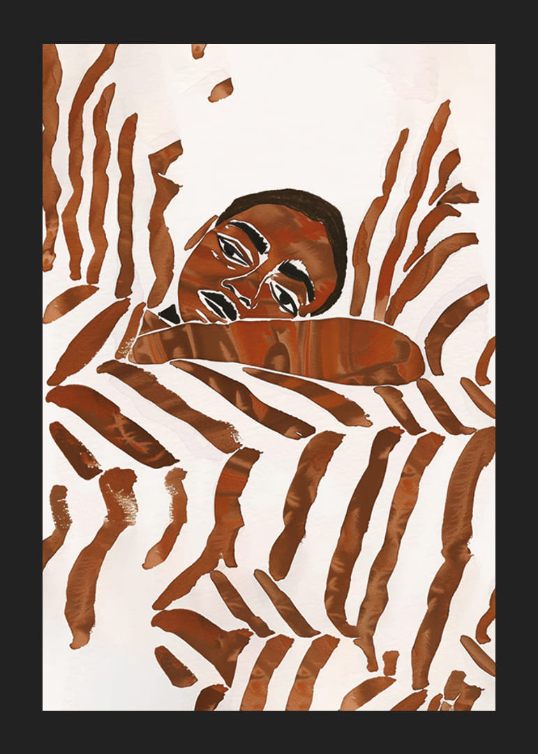 Zasnená postava zahalená do hnedo-bielych vzorov-12