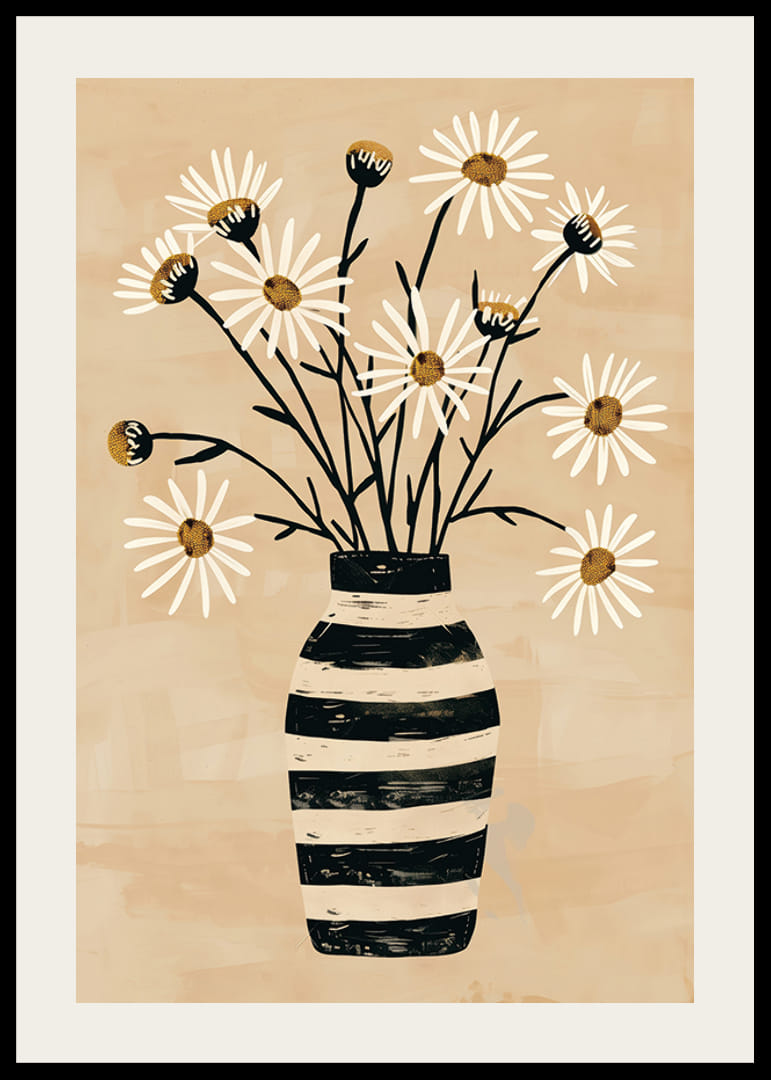 Rustic feel with daisies in a striped vase creates peace and harmony-12